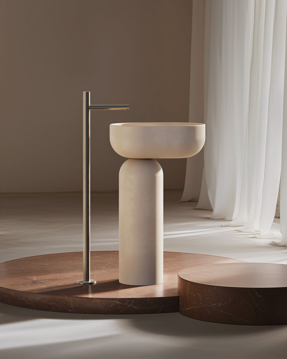Modern bathroom sink with a tall faucet in a minimalistic setting.