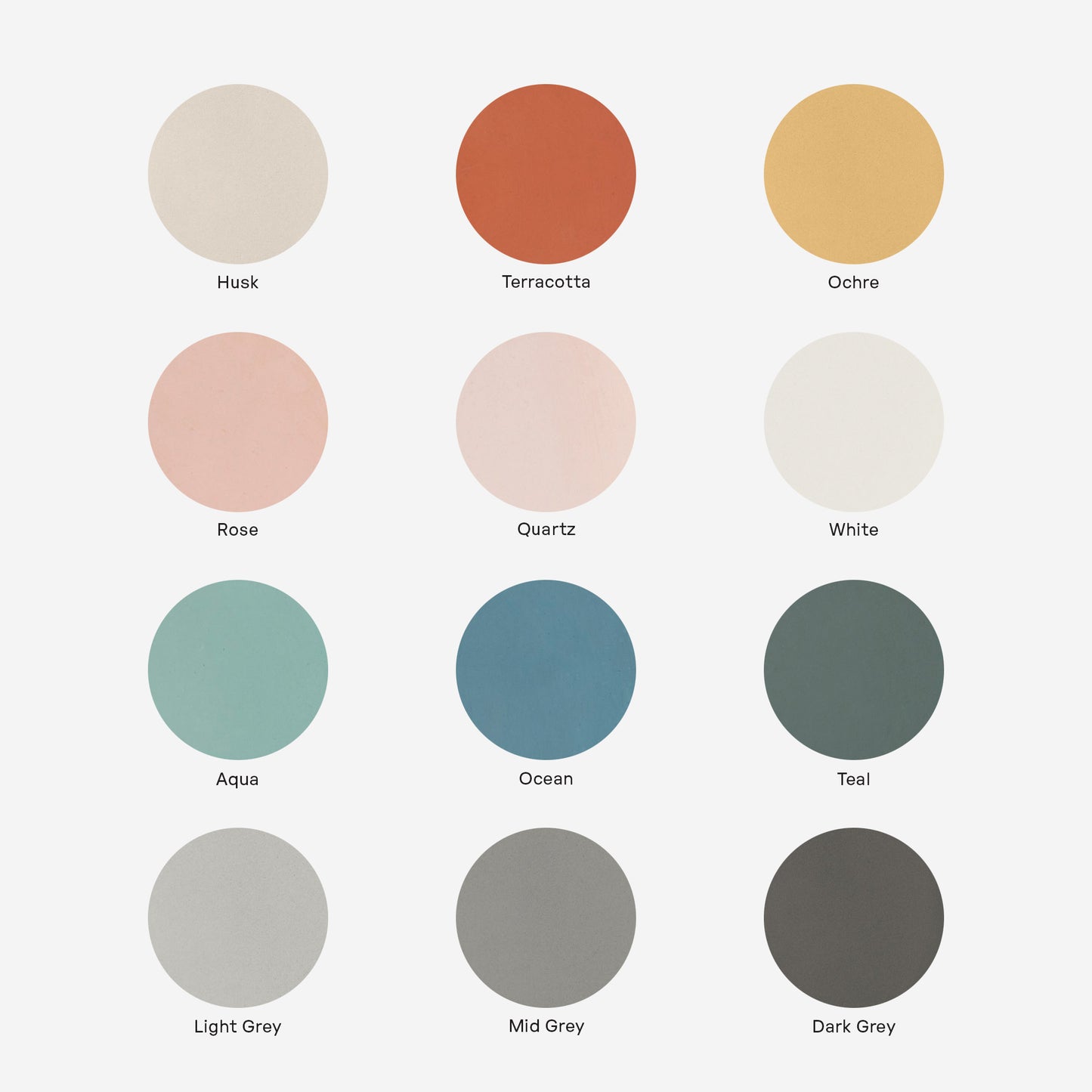 Concrete colour swatches labeled with their names on a light grey background.