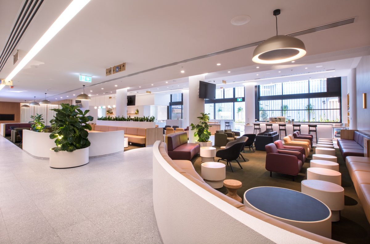 Contemporary airport business class lounge with concrete tables, planters, seating area, plants, and large windows.