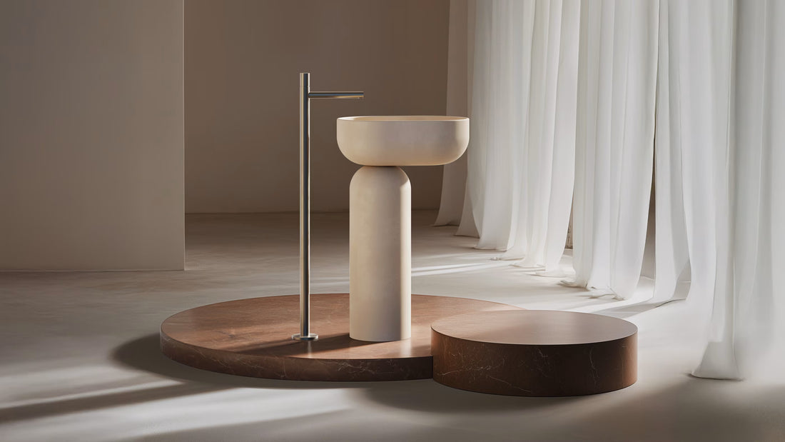 Talaia offset concrete pedestal basin in Husk, a warm stone neutral, shown from a frontal angle in a soft-lit interior with sheer curtains and a floor-mounted tap.