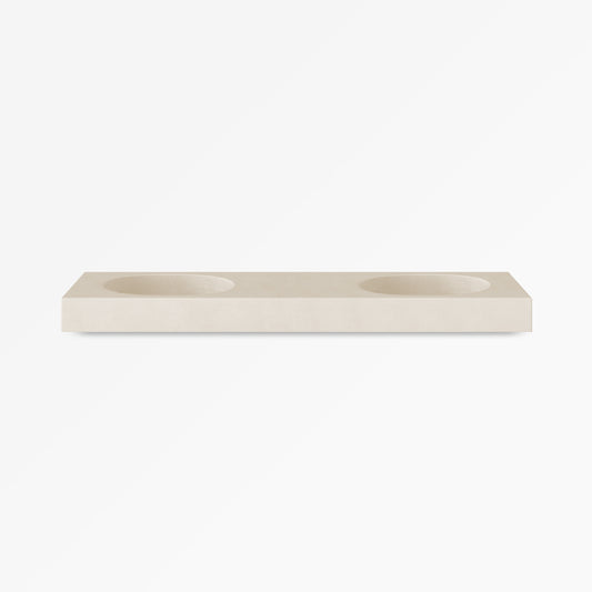 Bilya double concrete vanity in Husk, a warm pale grey, shown with two integrated straight-sided oblong basins for wall-mounted bathroom sink installation.